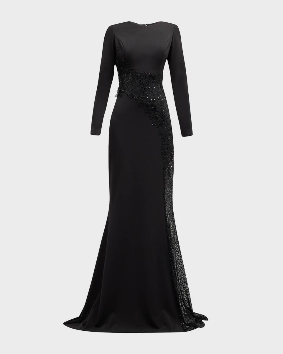 Long-Sleeve Sequin Lace & Crepe Trumpet Gown